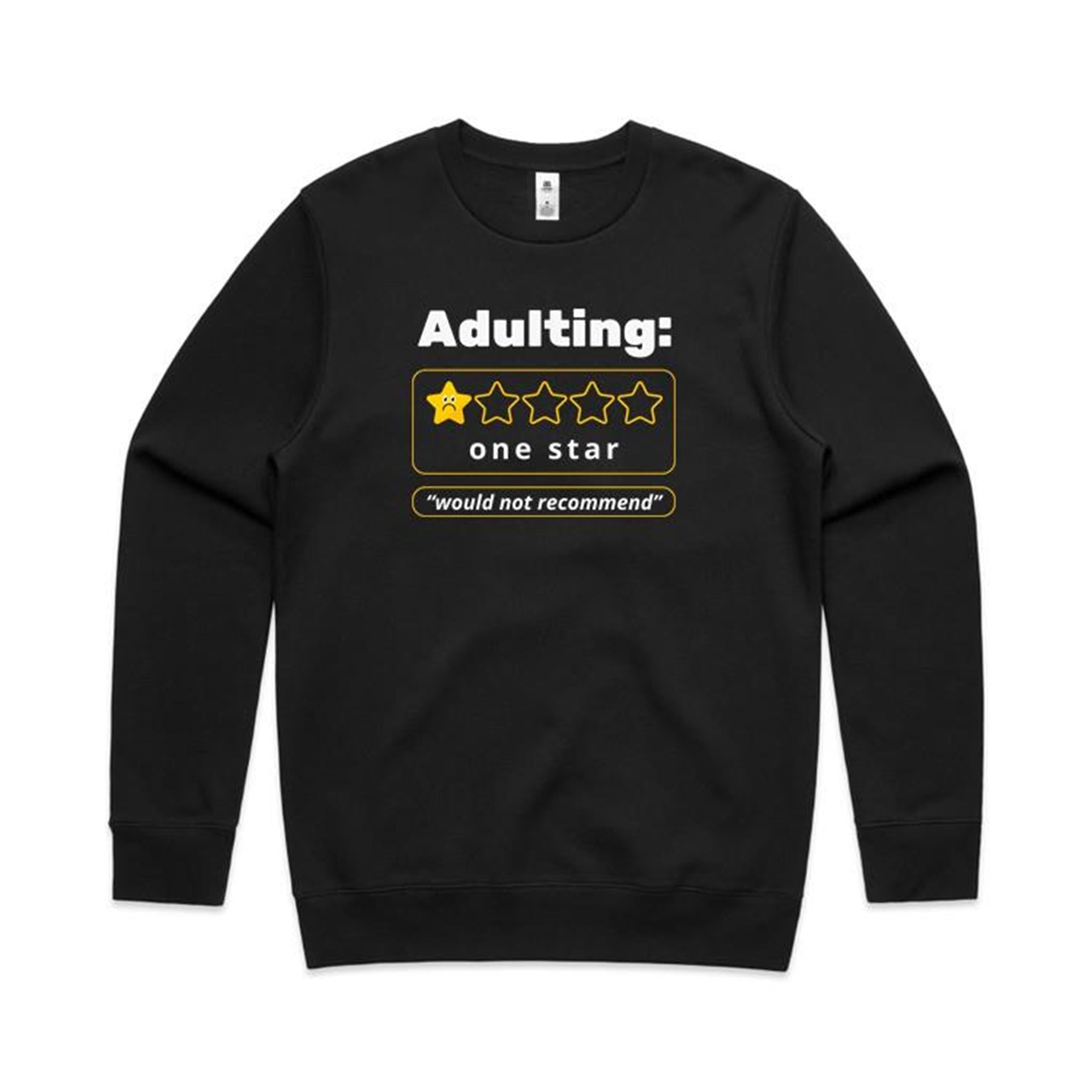 Adulting, One Star - AS Colour Stencil Crew Sweatshirt Black Sweatshirt Printed In Australia