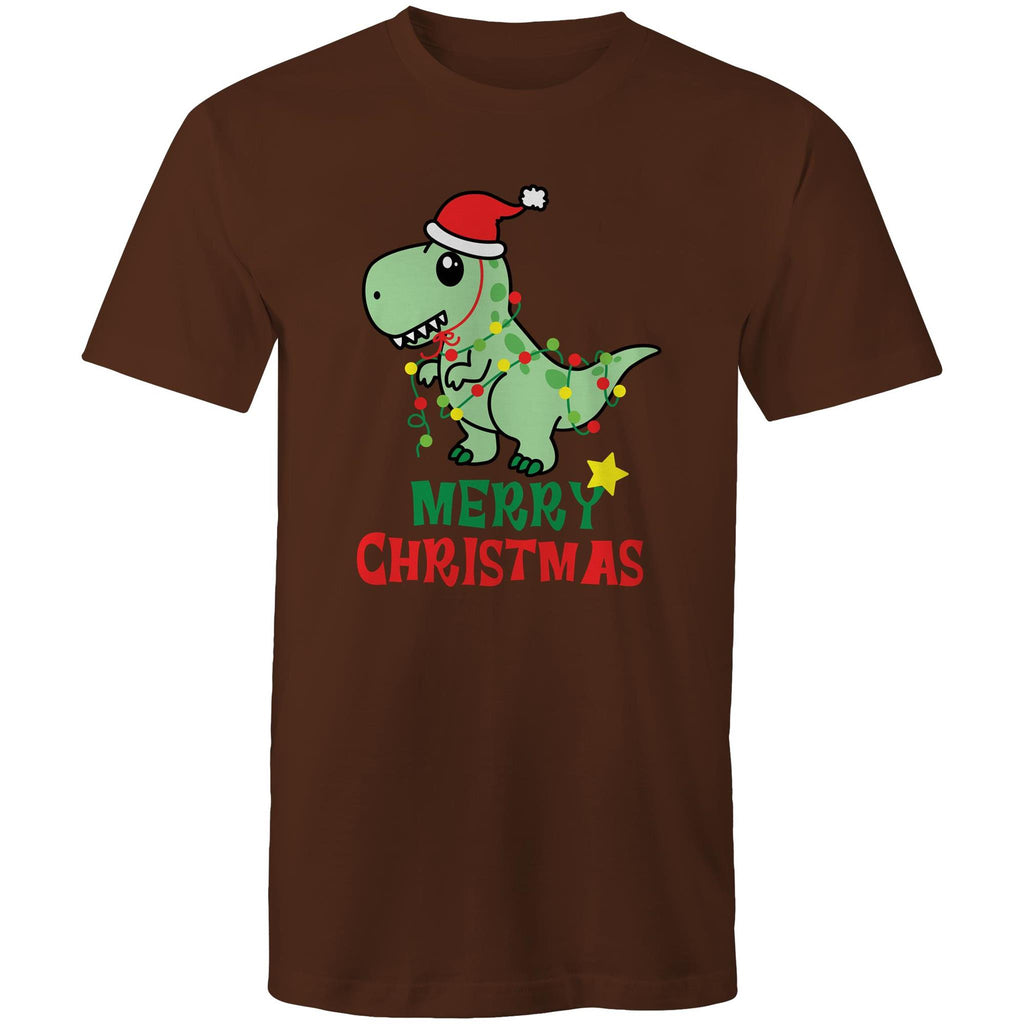 Dinosaur Santa, Merry Christmas - Mens T-Shirt Dark Chocolate Mens Christmas T-shirt Christmas Printed In Australia