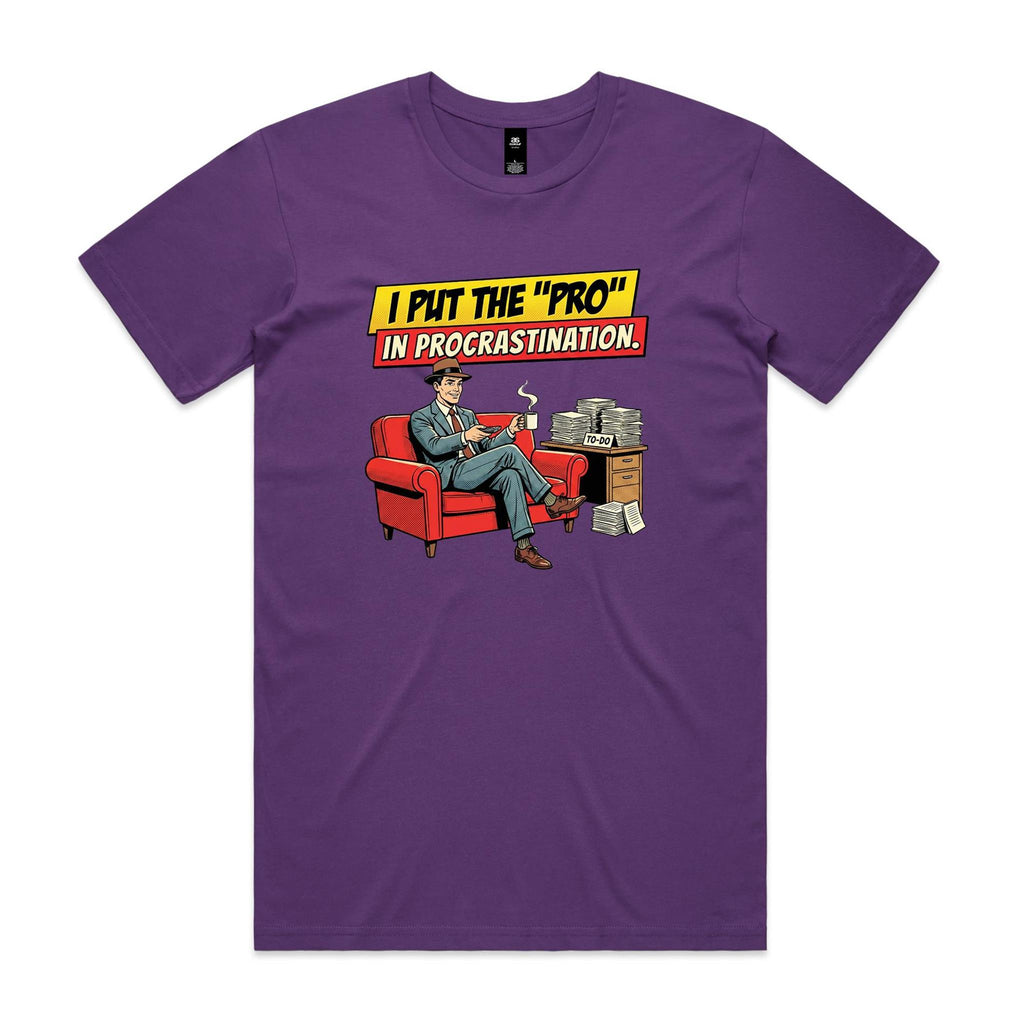 I Put The Pro In Procrastination, Retro Gentleman Men's AS Colour T-shirt Purple Mens T-shirt comic Printed In Australia