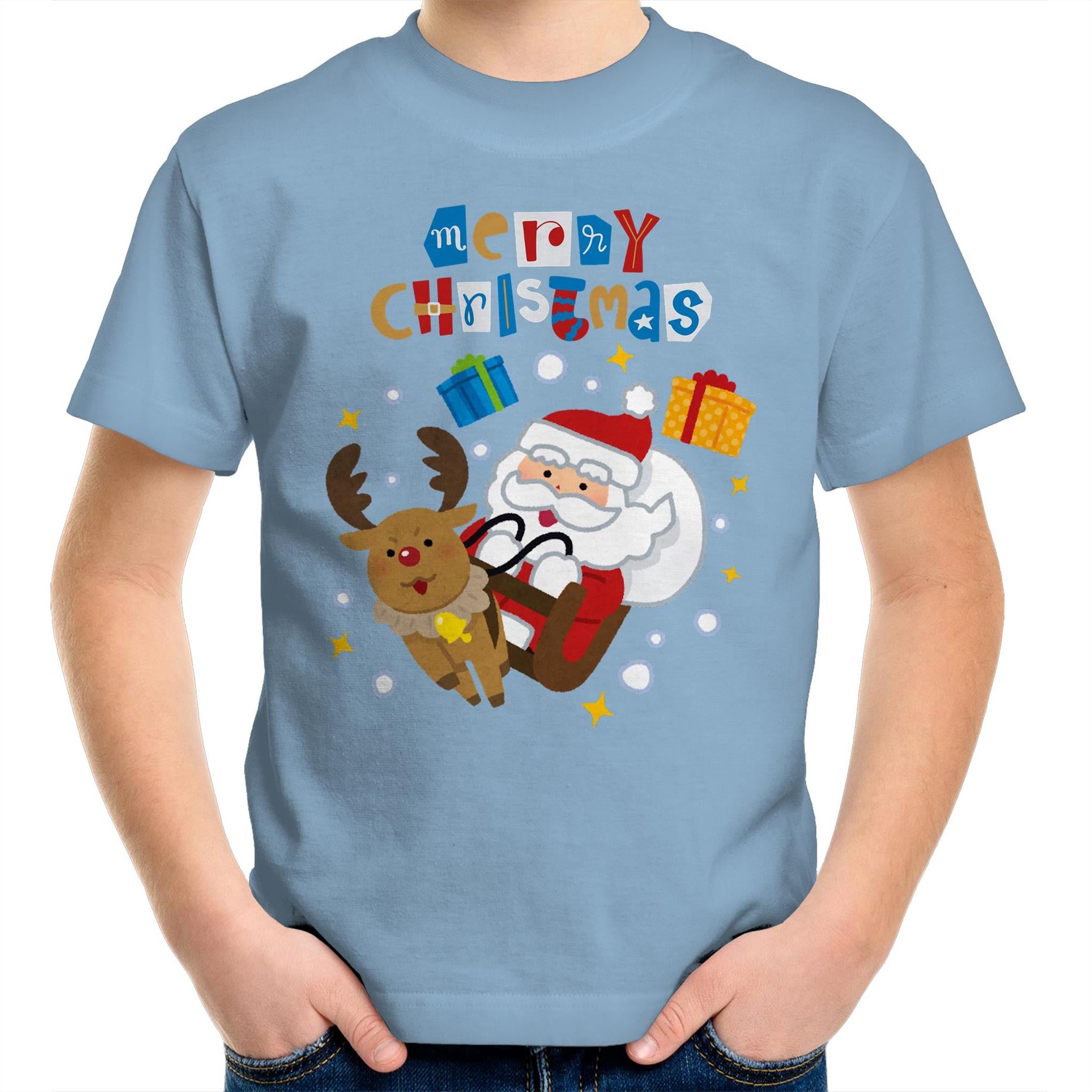 Santa Merry Christmas - Kids Youth T-Shirt Carolina Blue Kids Christmas T-shirt Christmas Printed In Australia