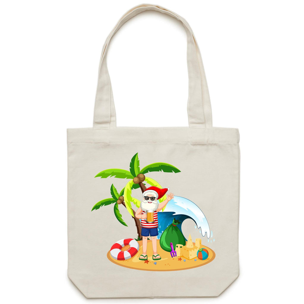 Summer, Surf, Beach Santa - Canvas Tote Bag Cream One Size Christmas Tote Bag Christmas Printed In Australia