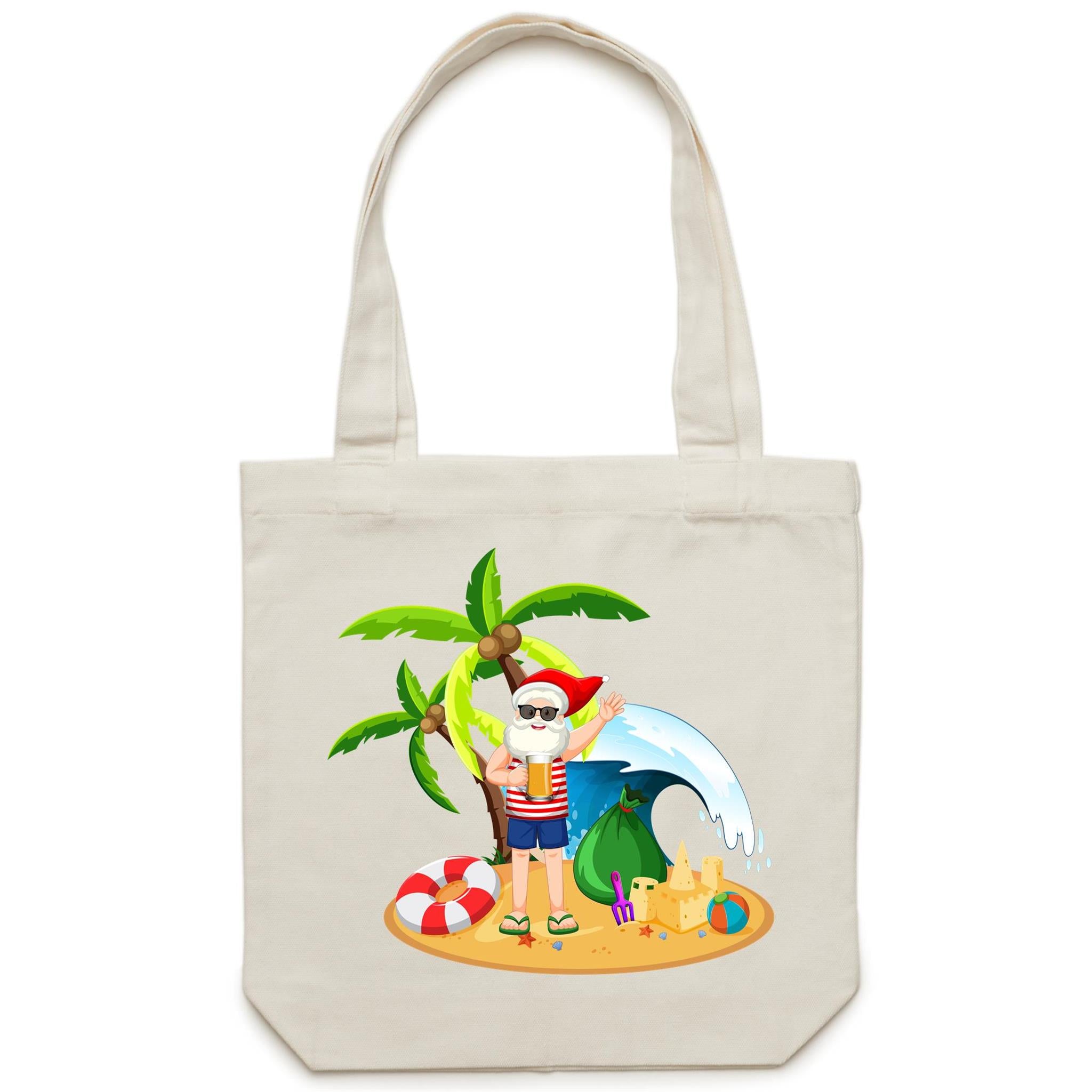 Summer, Surf, Beach Santa - Canvas Tote Bag Cream One Size Christmas Tote Bag Christmas Printed In Australia