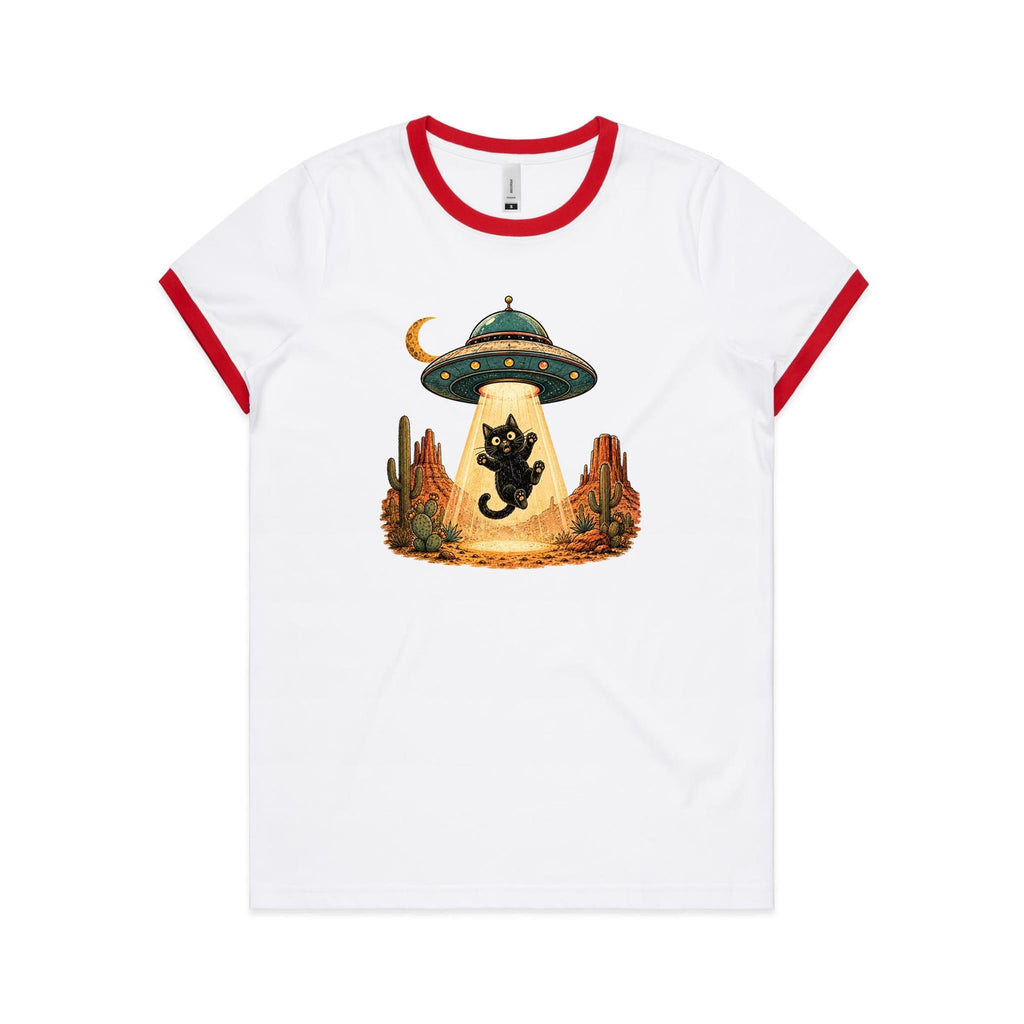 Black Cat Alien UFO Abduction Women's AS Colour Ringer Tee