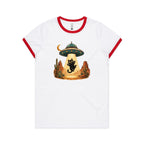 Black Cat Alien UFO Abduction Women's AS Colour Ringer Tee