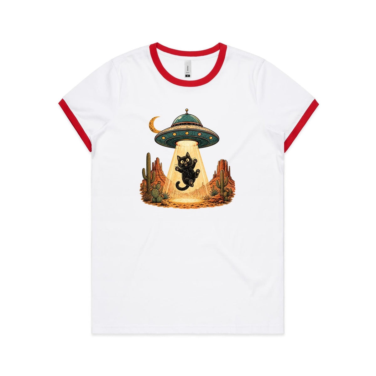 Black Cat Alien UFO Abduction Women's AS Colour Ringer Tee
