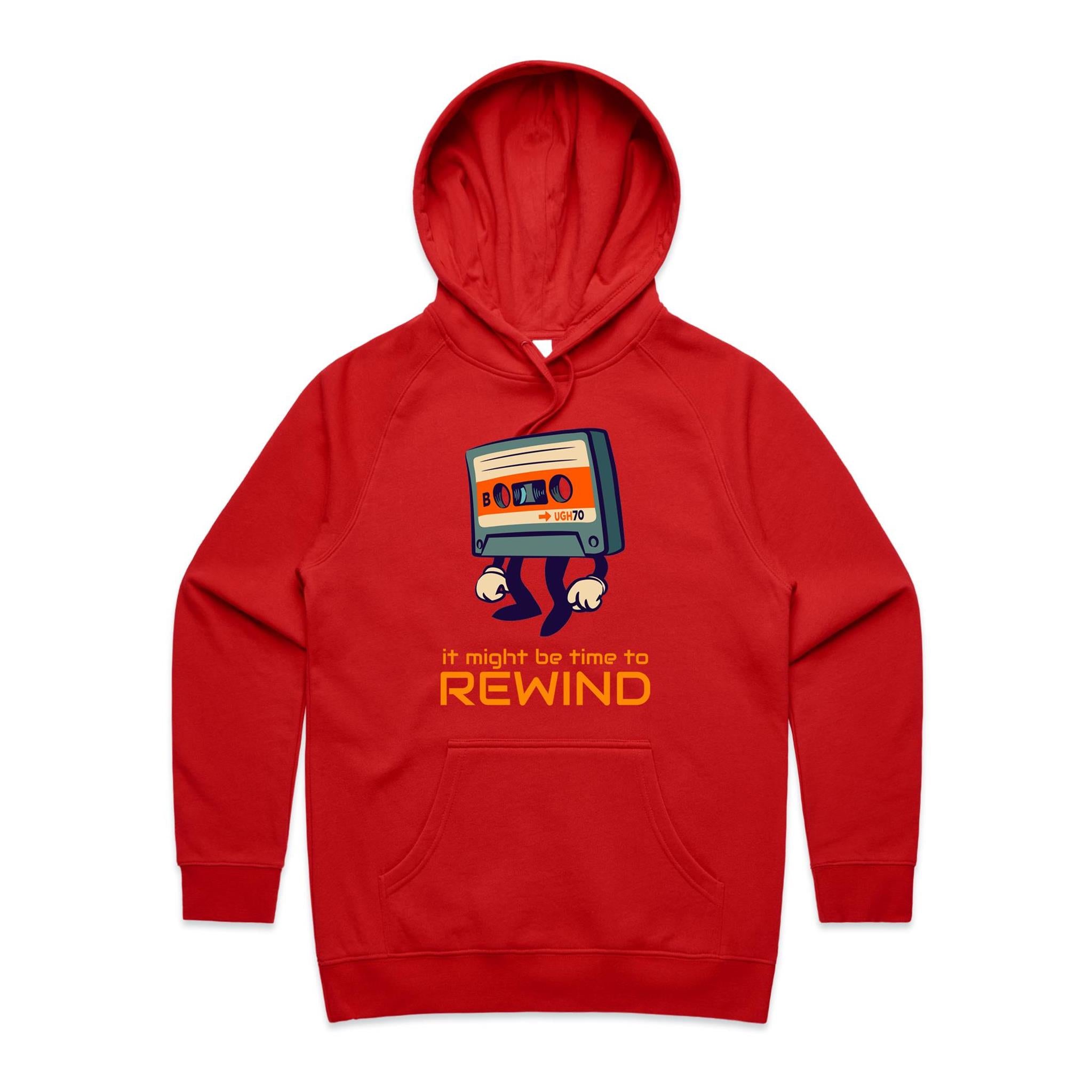 It Might Be Time To Rewind, Cassette Tape - Womens Hoodie Red Womens 2XL Womens Hoodie Music Printed In Australia Retro