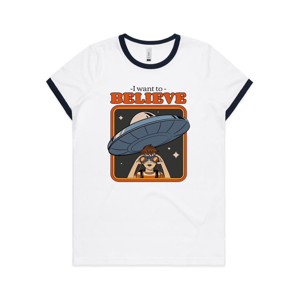 I Want To Believe, UFO - Women's Ringer Tee White Navy Womens Ringer T-shirt Printed In Australia Sci Fi