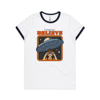 I Want To Believe, UFO - Women's Ringer Tee White Navy Womens Ringer T-shirt Printed In Australia Sci Fi