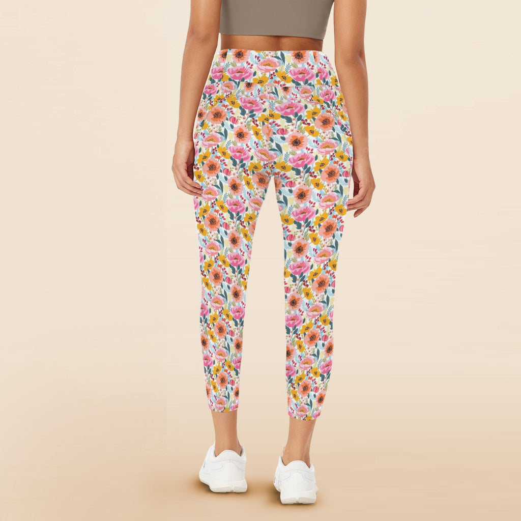 Bright And Colourful Flowers Women's High Waist Pockets Yoga Leggings