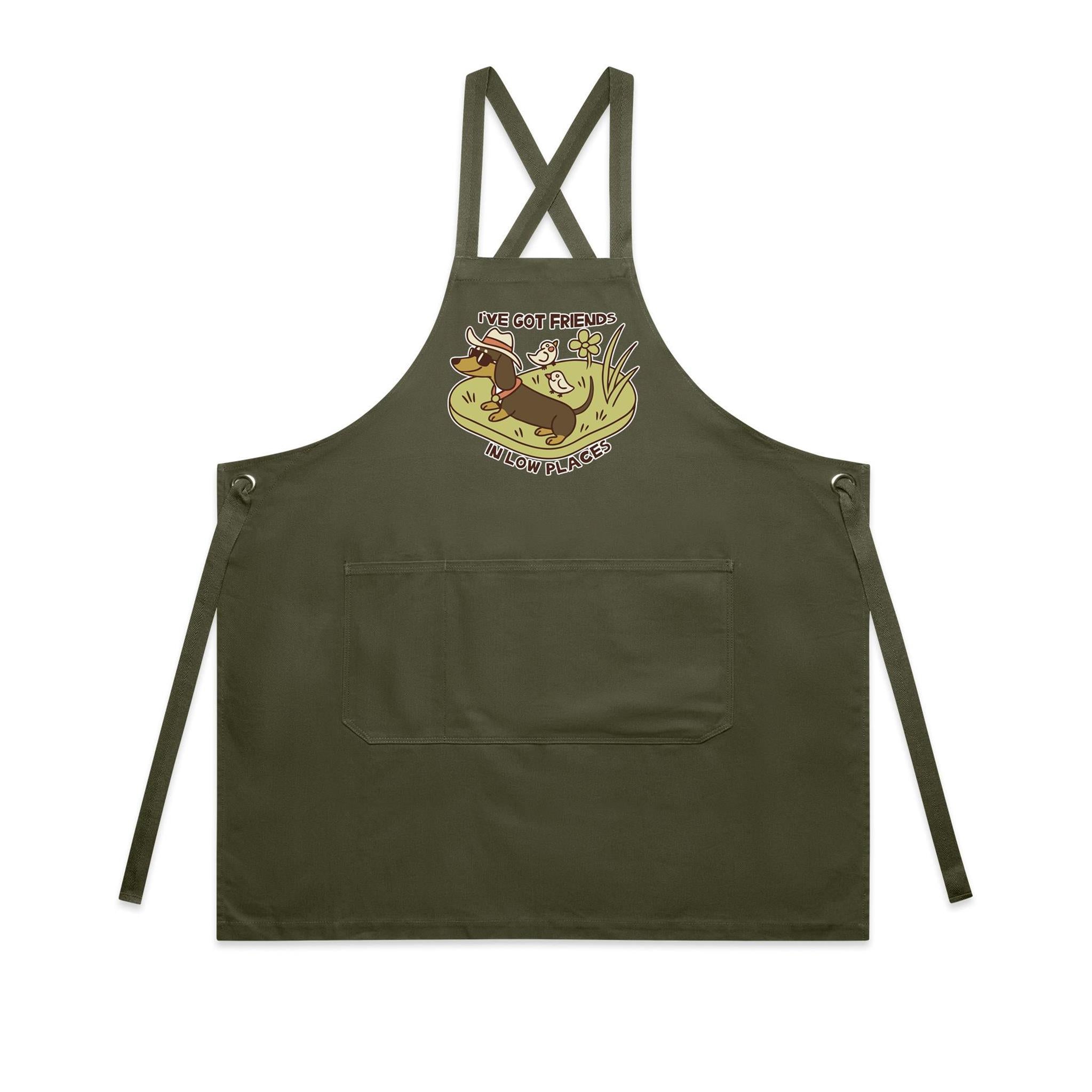 Dachshund, I've Got Friends In Low Places AS Colour Carrie Apron Army One Size Apron animal Printed In Australia