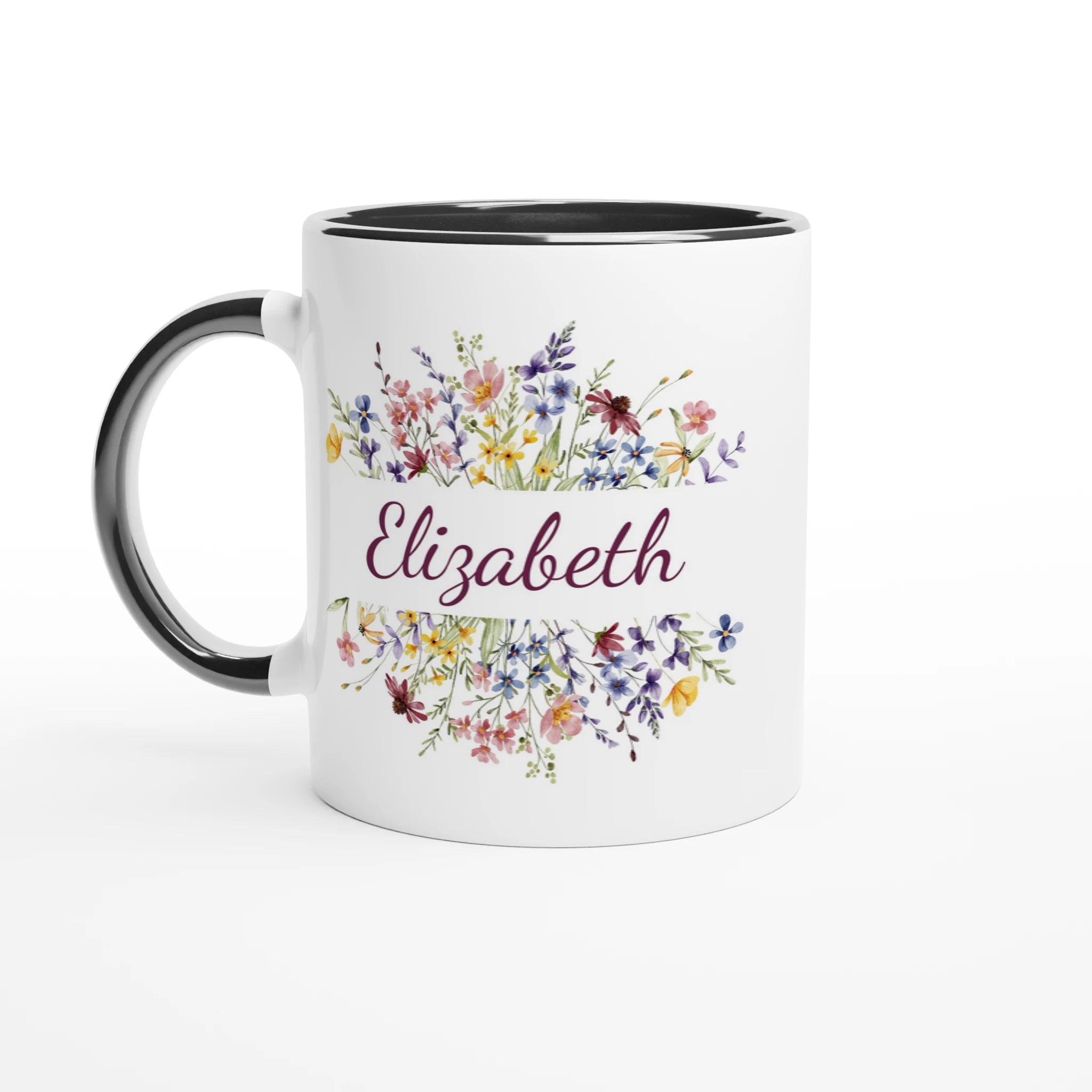 Personalise - Flower Frame Name - 11oz Ceramic Mug Ceramic Black Personalised 11oz Mug customise Globally Fulfilled Name personalise Plants