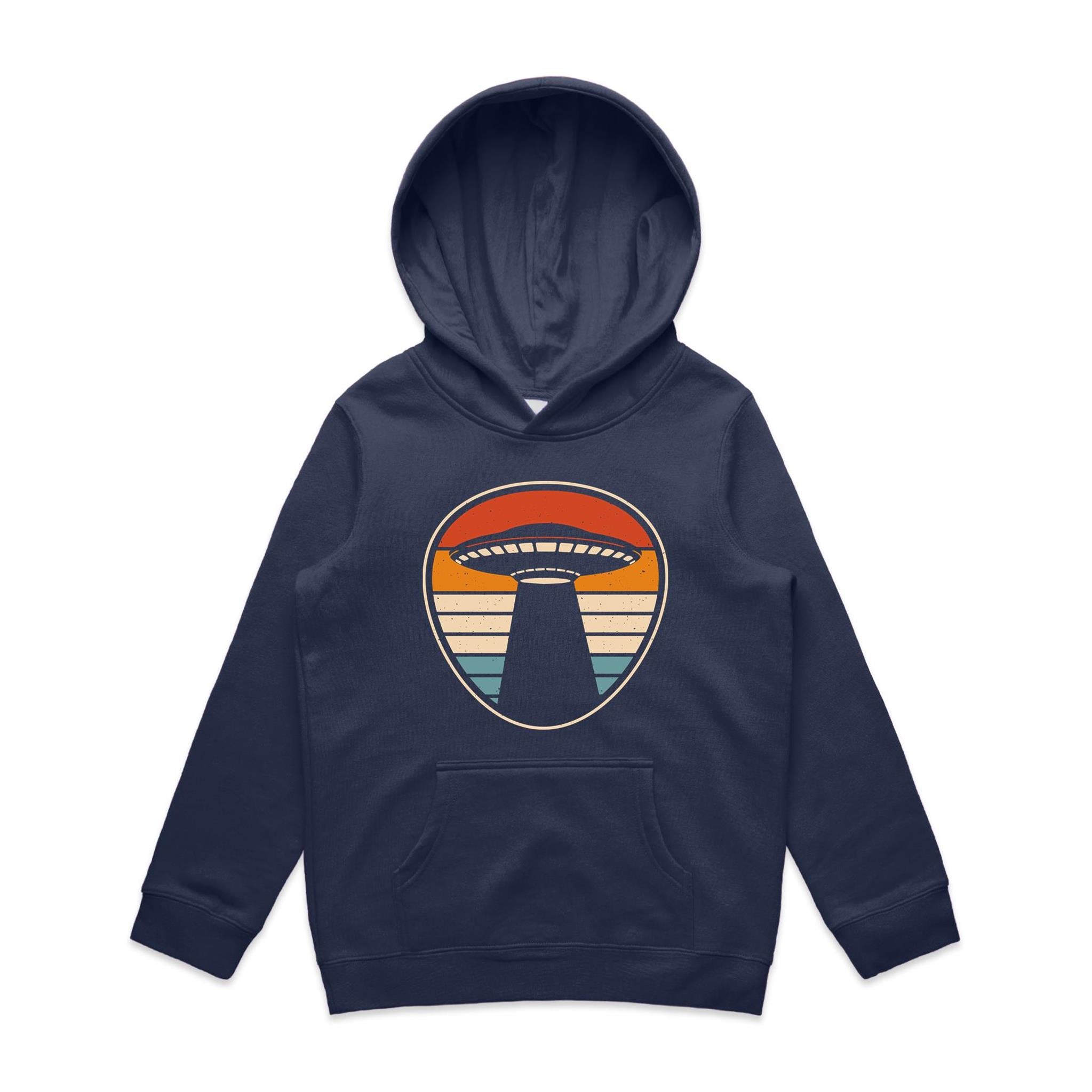 UFO, Retro Stripes - Kids Hoodie Midnight Blue Kids Hoodie Printed In Australia