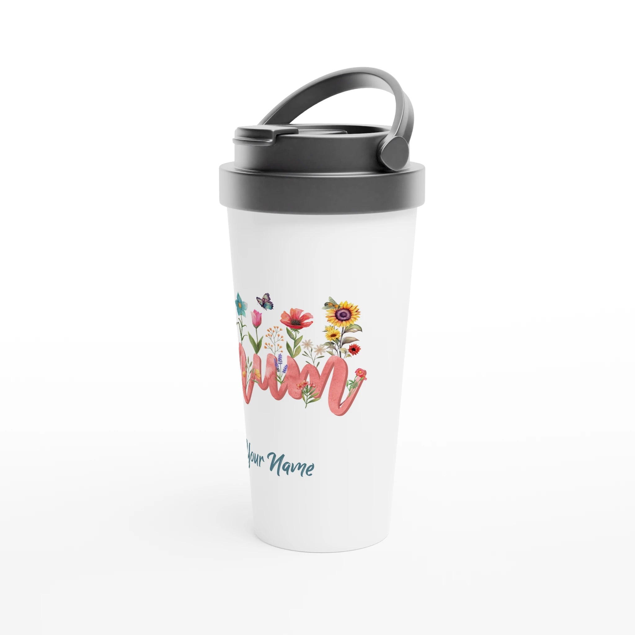 Personalised - Mum With Flowers And Butterflies - White 15oz Stainless Steel Travel Mug Personalised Travel Mug Globally Fulfilled Mum