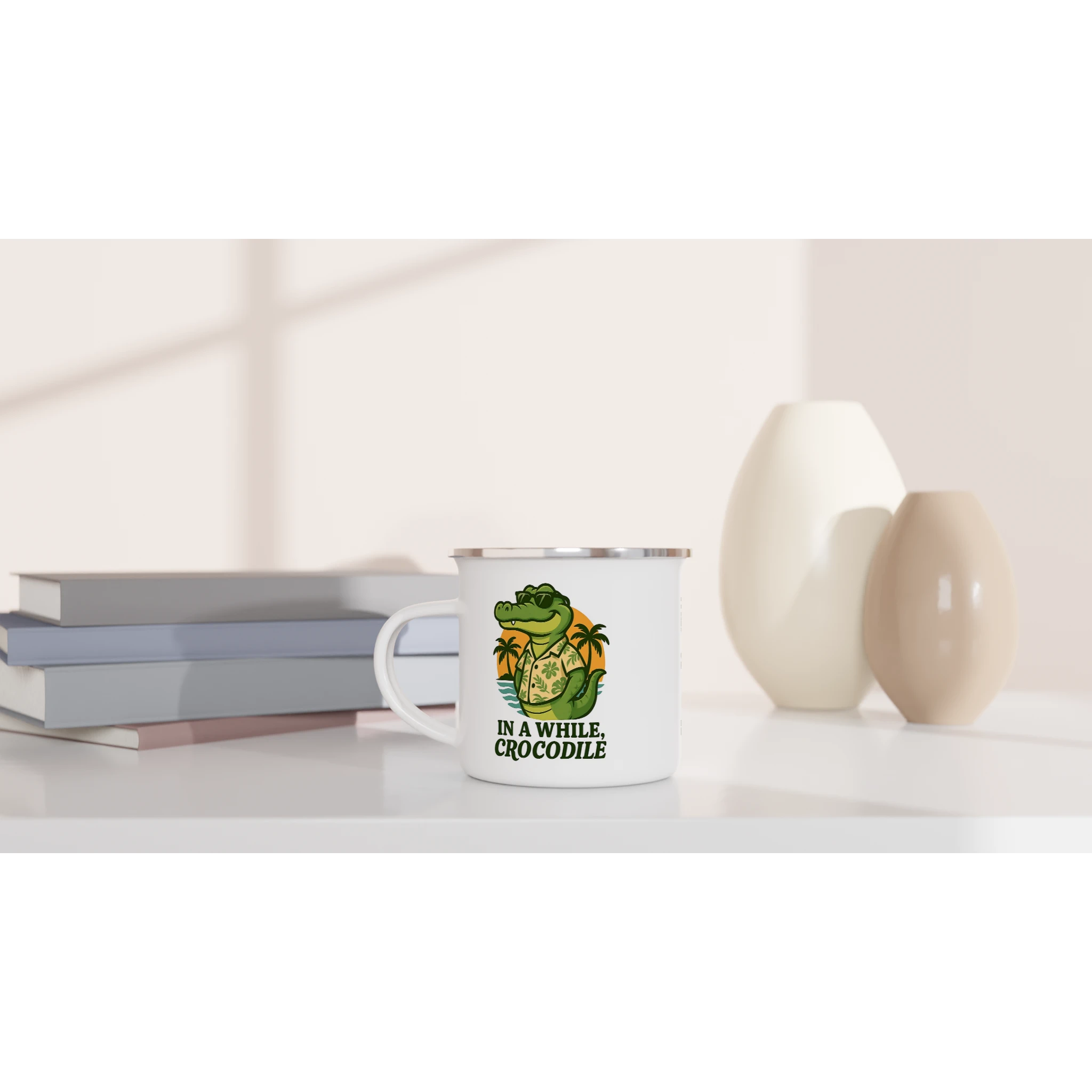 Personalised - In A While, Crocodile - White 12oz Enamel Mug Personalised Enamel Mug animal Globally Fulfilled