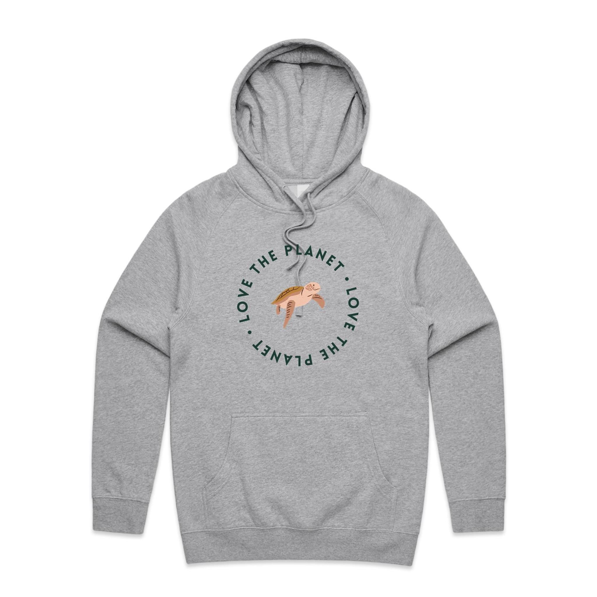 Love The Planet, Turtle - Mens Hoodie Grey Marle Mens Hoodie animal Environment Printed In Australia
