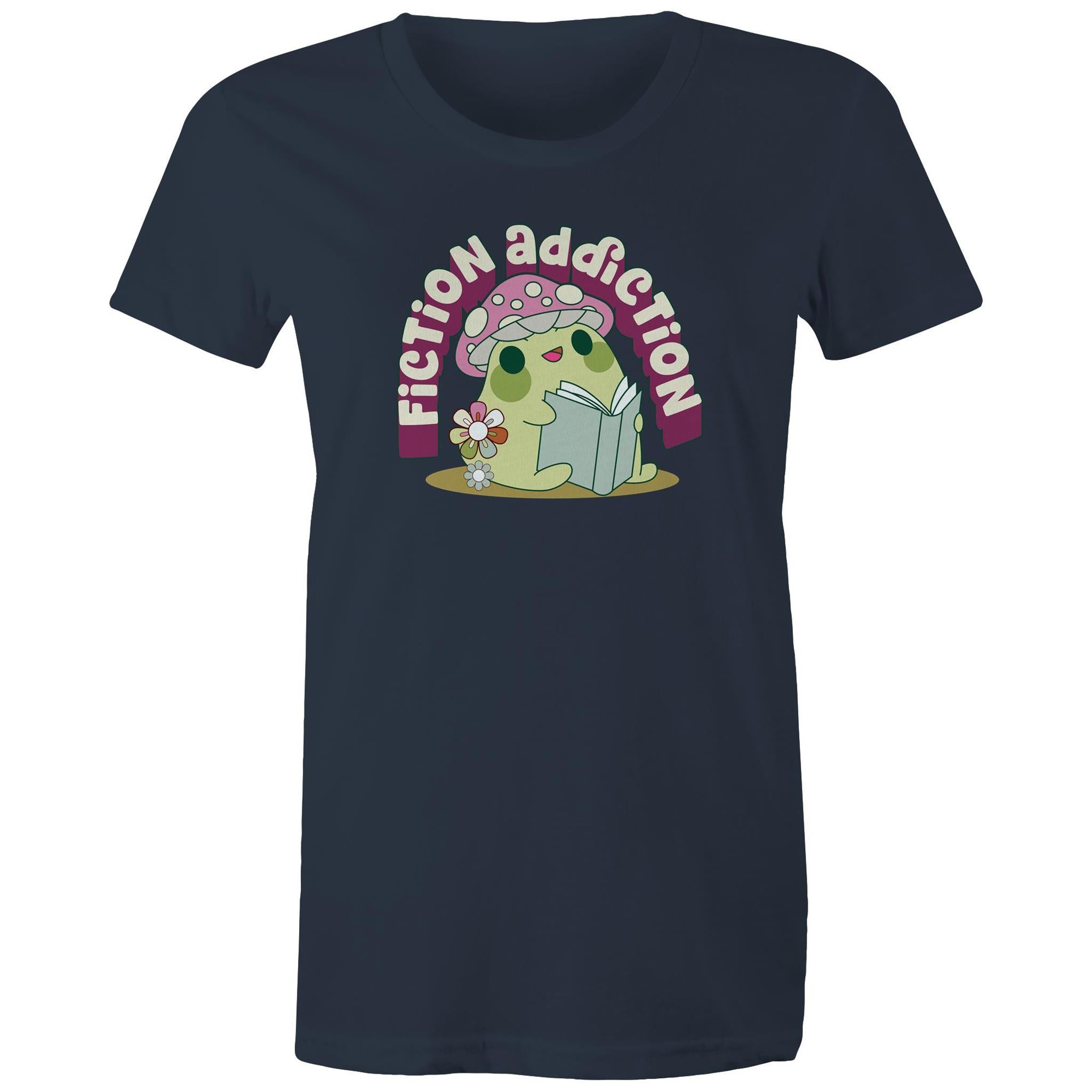Fiction Addiction - Womens T-shirt Navy Womens T-shirt Printed In Australia Reading