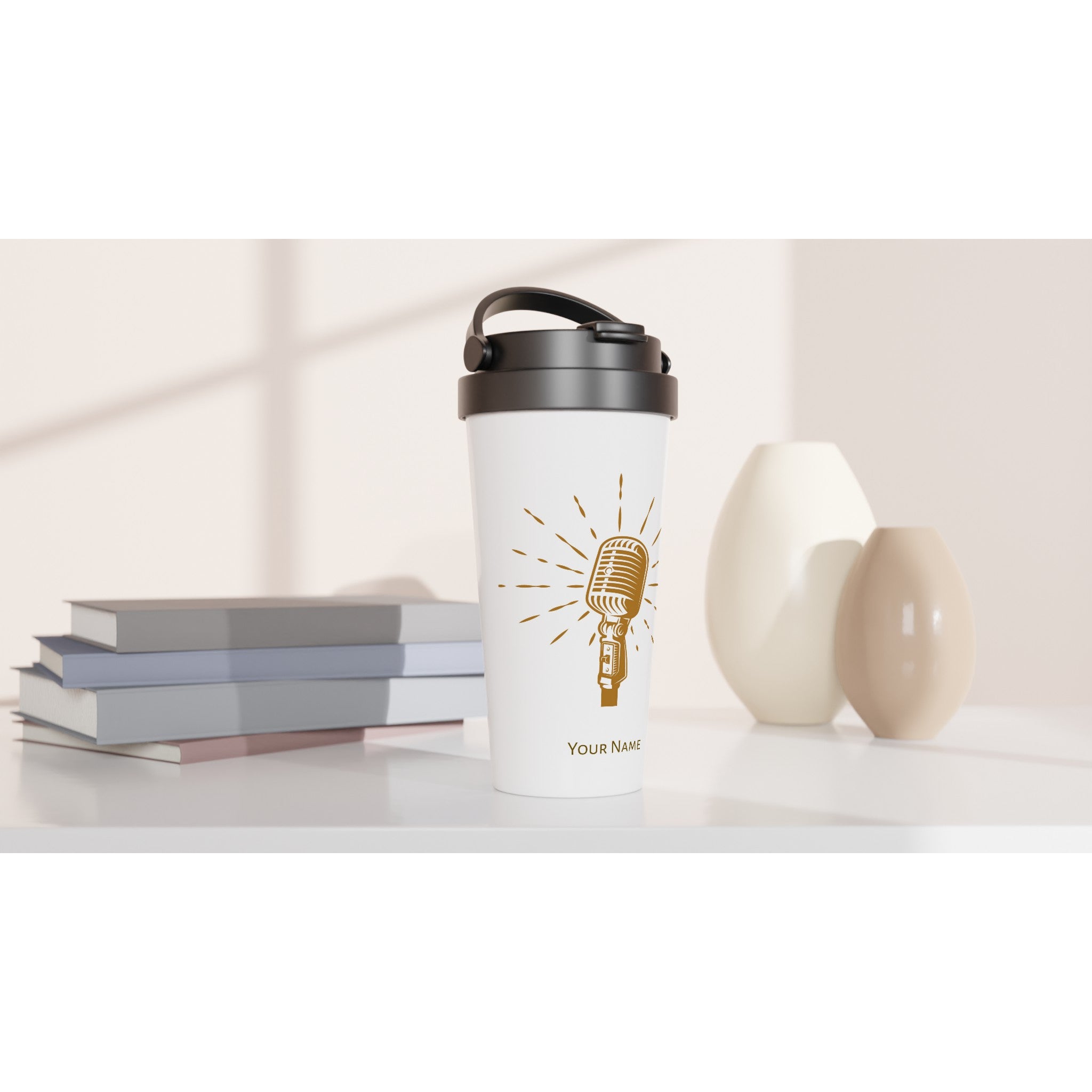 Personalised - Retro Microphone - White 15oz Stainless Steel Travel Mug Personalised Travel Mug Globally Fulfilled Music Retro