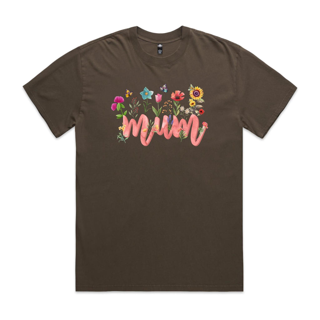 Mum, Flowers AS Colour Heavy Faded Tee Unisex Faded brown Heavy Faded T-shirt Mum Printed In Australia