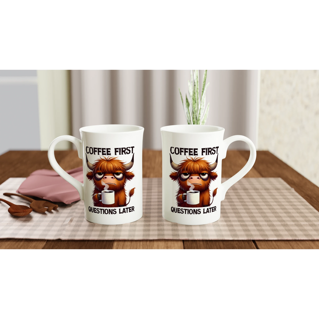 Personalise - Coffee First, Questions Later, Highland Cow - White 10oz Porcelain Slim Mug Personalised Porcelain Mug animal Coffee Globally Fulfilled