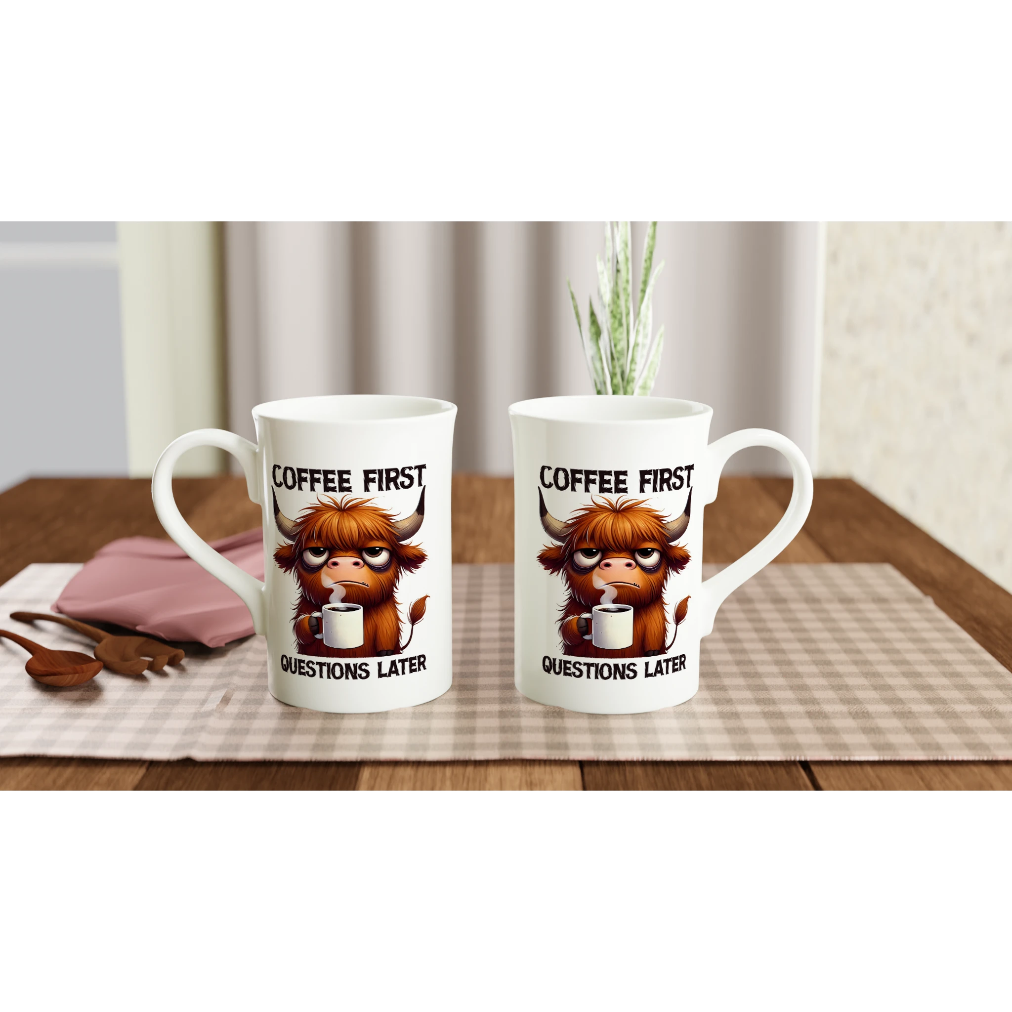 Personalise - Coffee First, Questions Later, Highland Cow - White 10oz Porcelain Slim Mug Personalised Porcelain Mug animal Coffee Globally Fulfilled