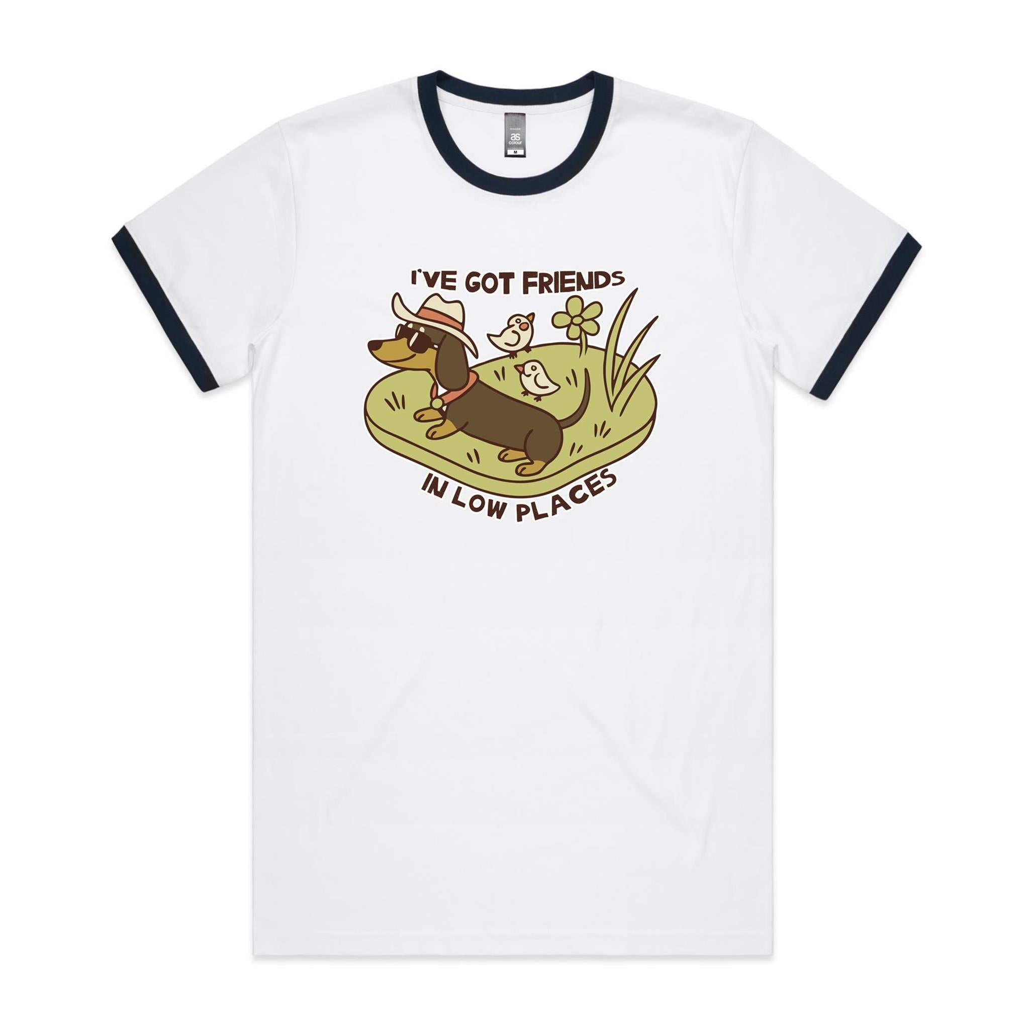 Dachshund, I've Got Friends In Low Places AS Colour Staple Ringer Tee White Navy Ringer T-Shirt animal Printed In Australia