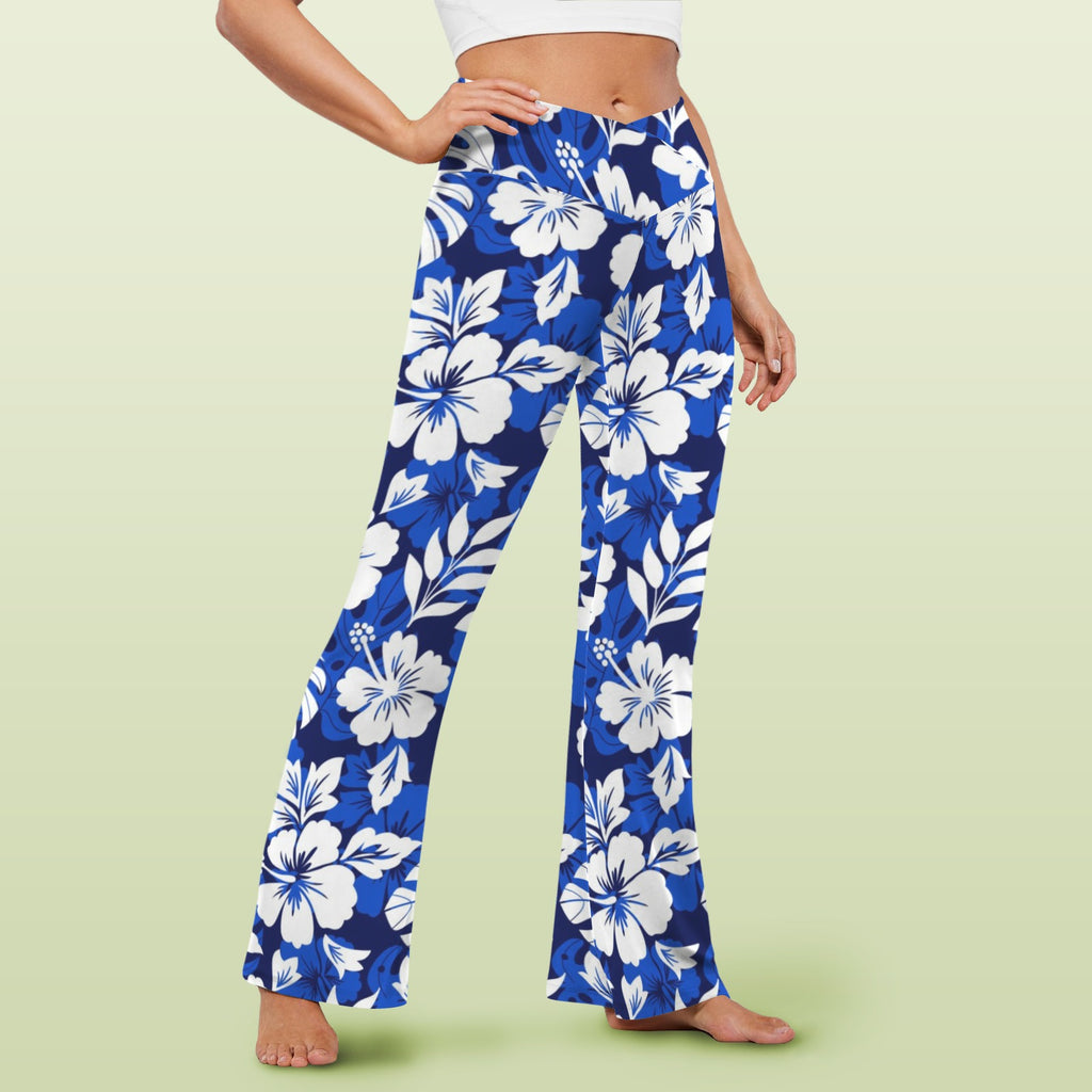 Blue Hawaiian Floral High Waist Crossover Tummy Control Flare Leggings High Waist Flare Leggings Plants Printed Offshore