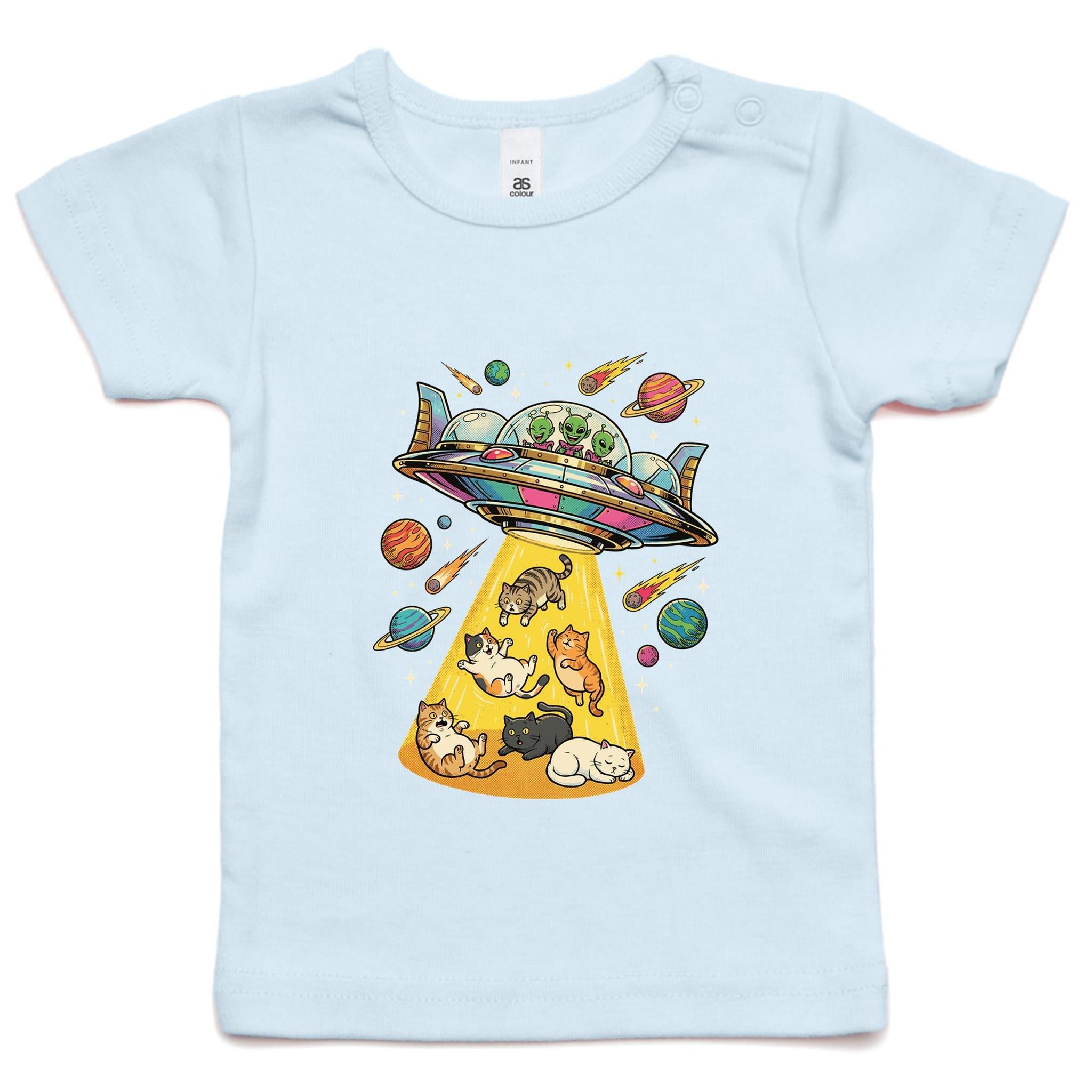 UFO Cat Abduction - AS Colour Baby T-shirt Powder Blue Baby T-shirt animal Printed In Australia Sci Fi