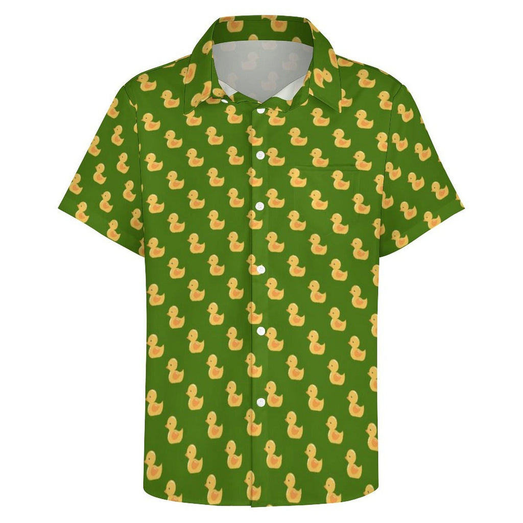Yellow Rubber Ducks On Green Women's Short-Sleeve Button Up Shirt