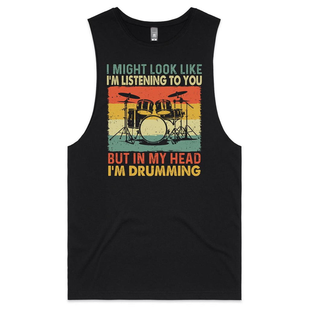 In My Head I'm Drumming Mens Men's AS Colour Drop Arm Tank Top Black Drop Arm Tank Top Music Printed In Australia
