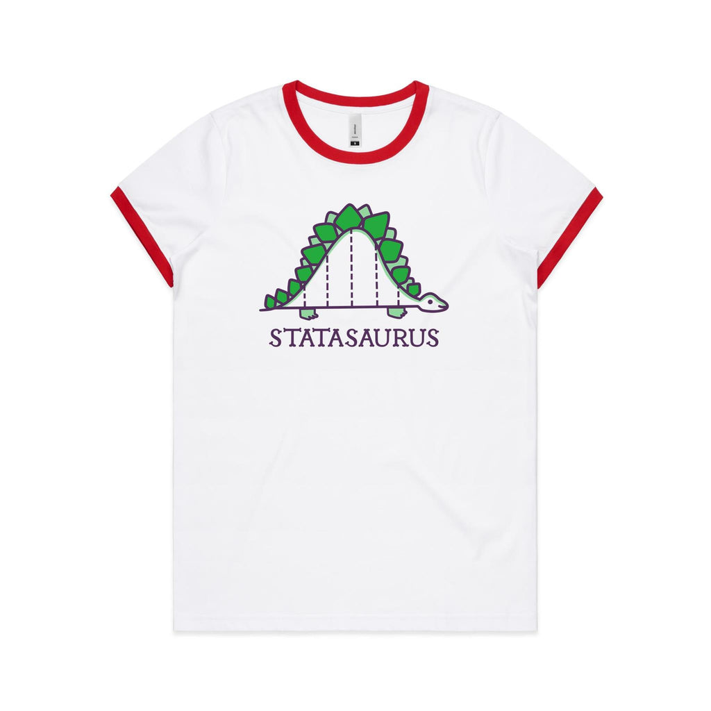 Statasaurus, Maths, Dinosaur - Women's Ringer Tee White Red Womens Ringer T-shirt animal Maths Printed In Australia