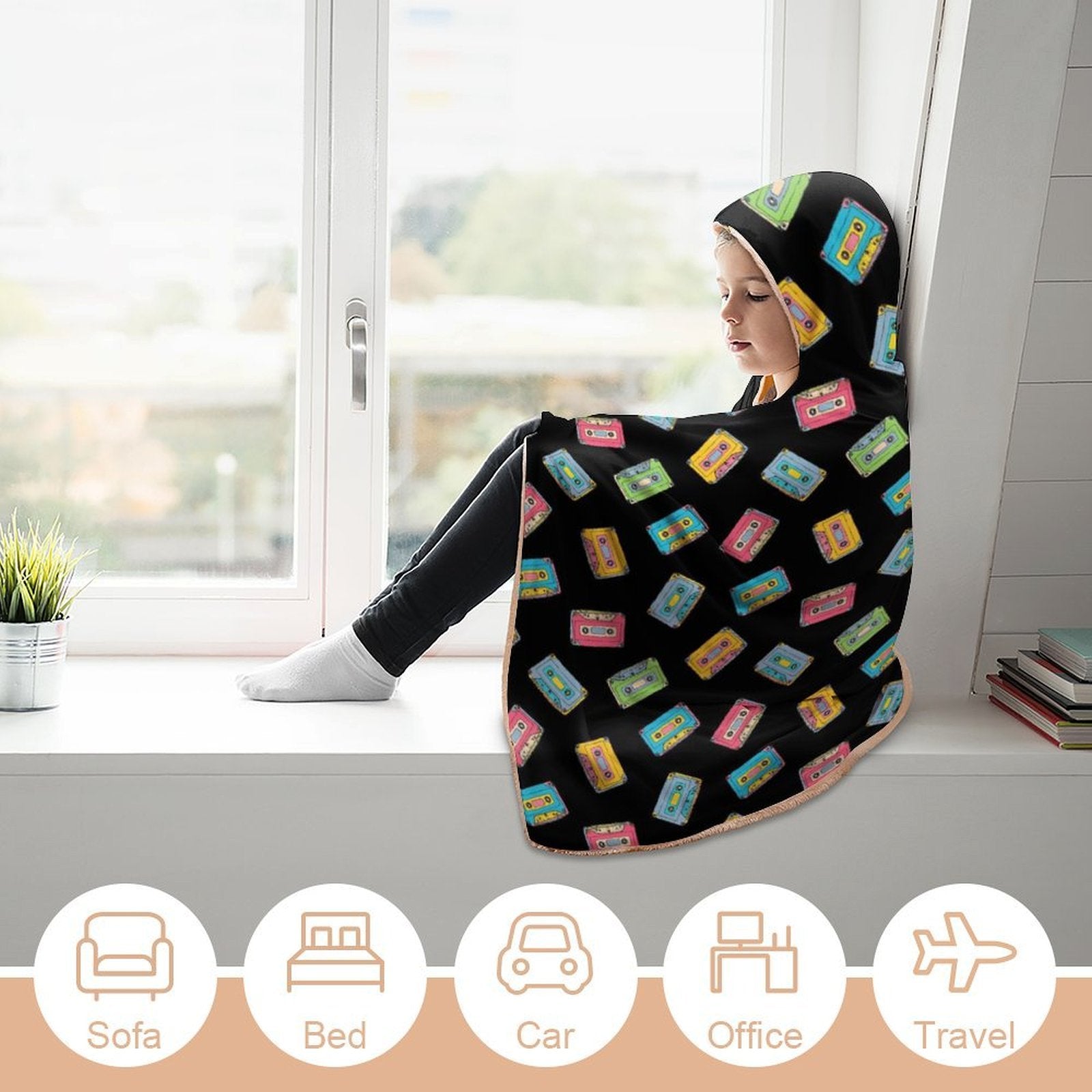Colourful Cassette Tapes Kids Hooded Blanket 100cm x 130cm Kids Hooded Blanket Music Printed Offshore Retro