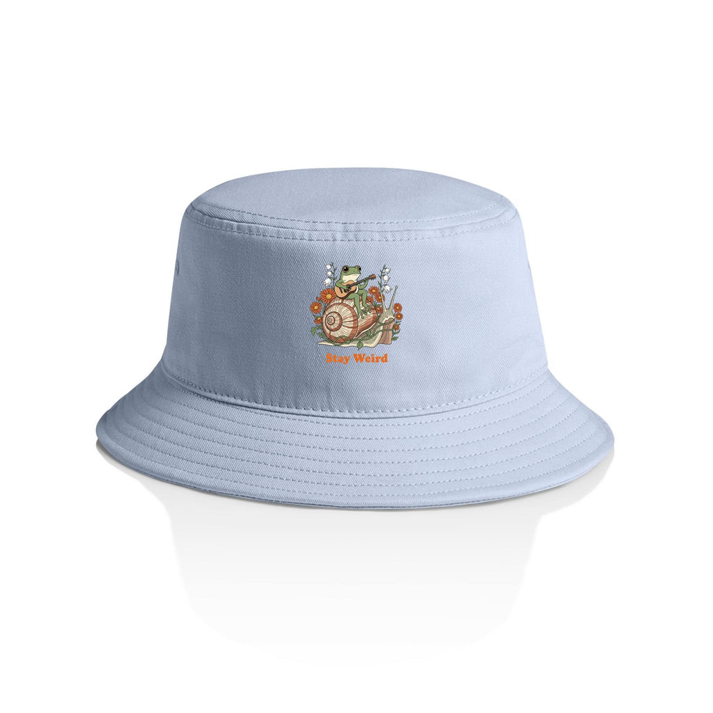 Stay Weird, Guitar Playing Frog On A Snail AS Colour Bucket Hat Powder One Size As Colour Bucket Hat animal Music Printed In Australia