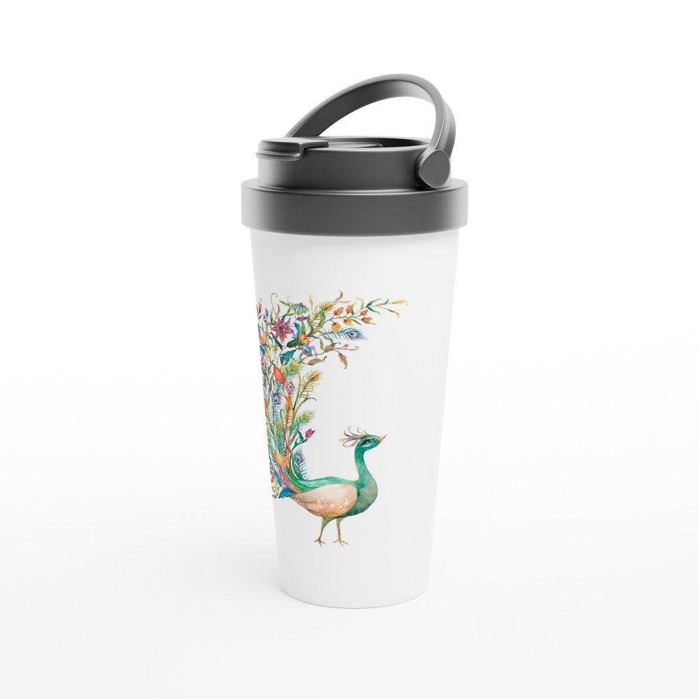 Flower Peacock - White 15oz Stainless Steel Travel Mug Travel Mug animal Globally Fulfilled