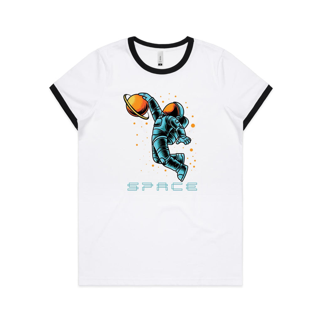 Astronaut Basketball - Women's Ringer Tee White Black Womens Ringer T-shirt Printed In Australia Space