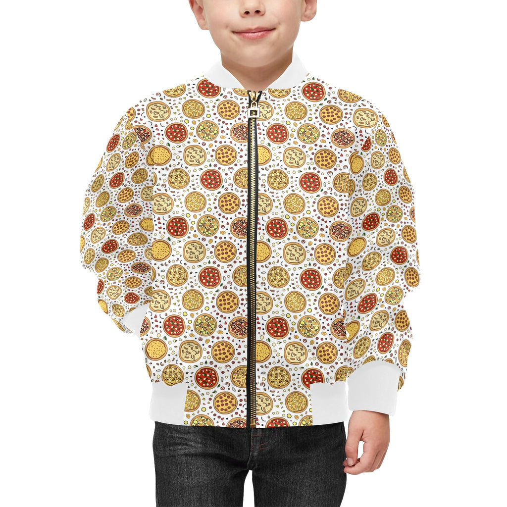 Round Pizzas On White Kids Bomber Jacket Kids Bomber Jacket Food Printed Offshore