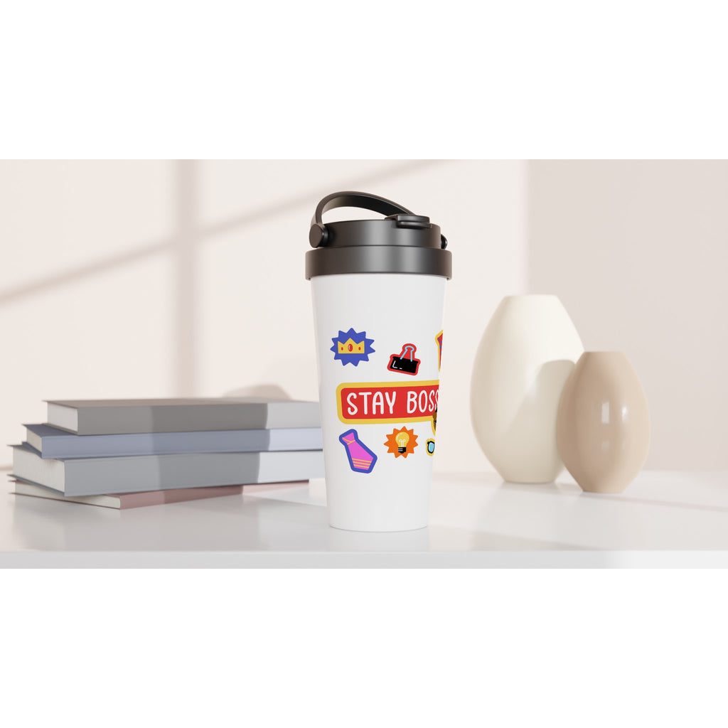 Boss Mug, Stay Bossy - White 15oz Stainless Steel Travel Mug Travel Mug Funny Globally Fulfilled