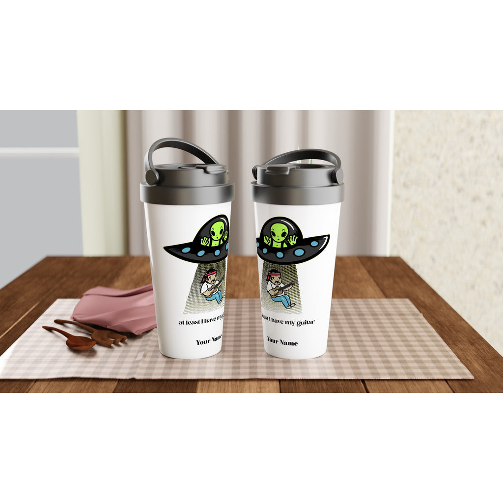 Personalised - Guitarist Alien Abduction - White 15oz Stainless Steel Travel Mug Personalised Travel Mug funny Globally Fulfilled Music Sci Fi