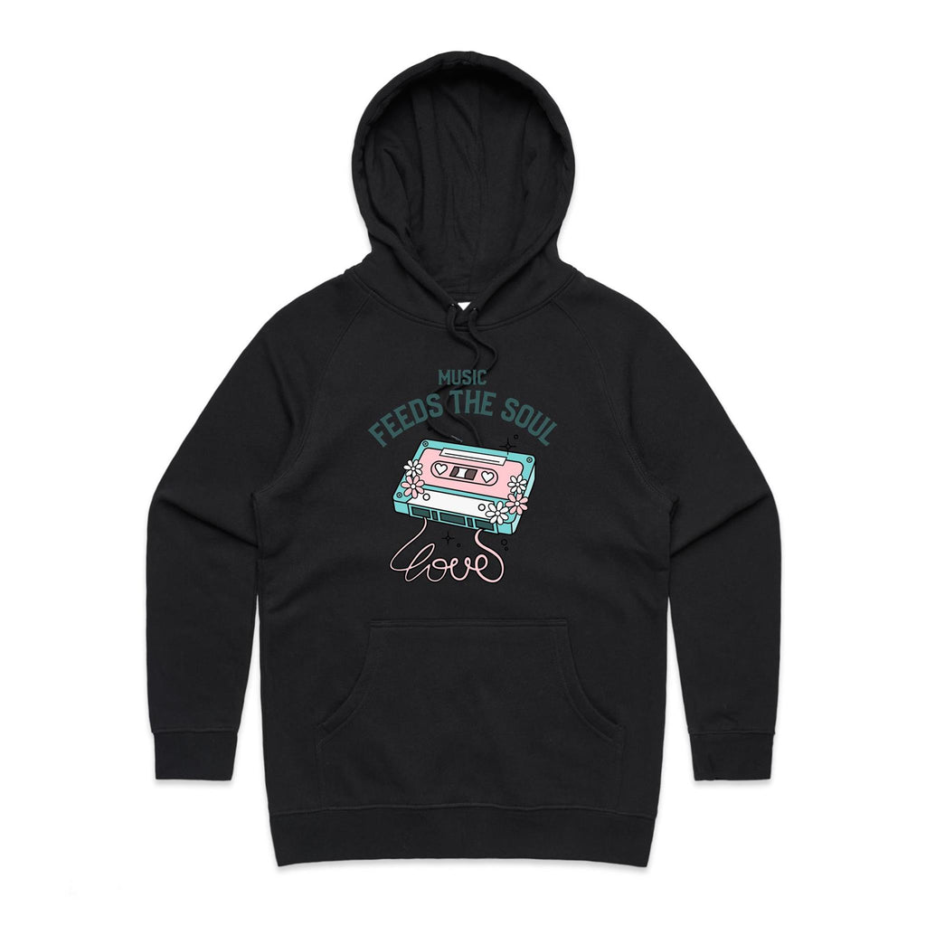 Music Feeds The Soul, Cassette Tape - Womens Hoodie Black Womens Hoodie Music Printed In Australia