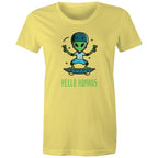 Hello Humans, Alien - Womens T-shirt Yellow Womens T-shirt Printed In Australia Sci Fi