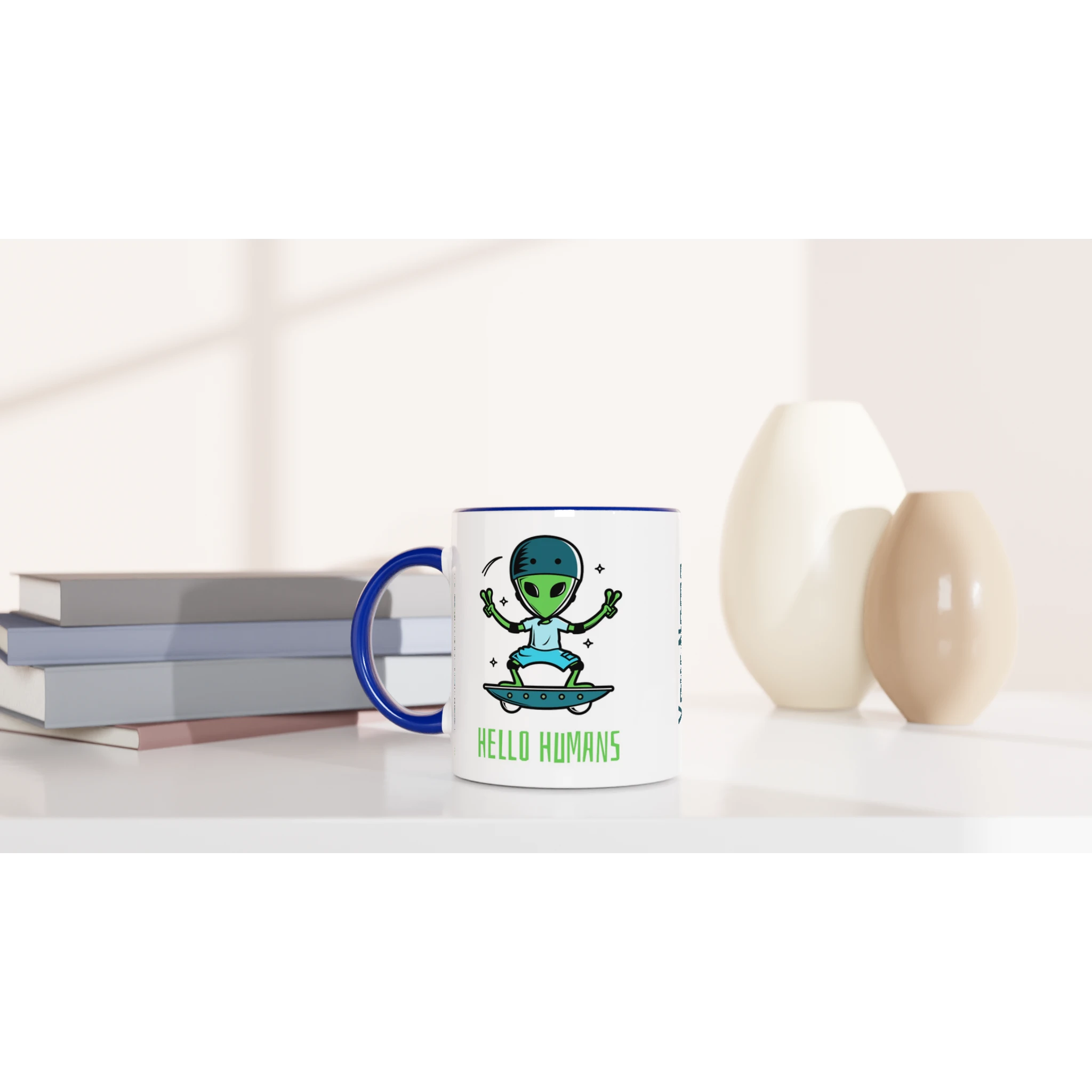 Personalised - Hello Humans - White 11oz Ceramic Mug with Colour Inside Personalised 11oz Mug customise Globally Fulfilled personalise Sci Fi