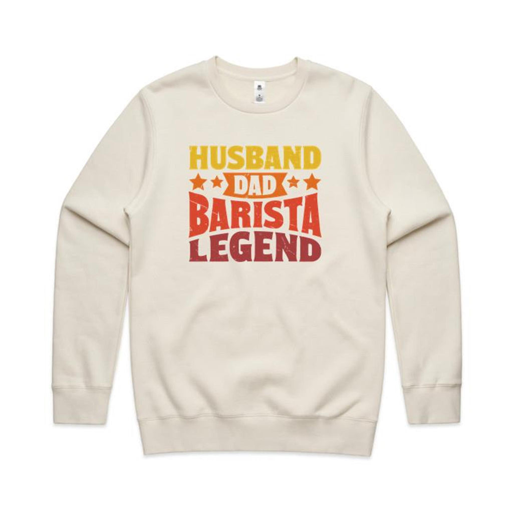 Husband, Dad, Barista, Legend AS Colour Stencil Crew Sweatshirt Unisex Ecru Sweatshirt Coffee Dad Printed In Australia