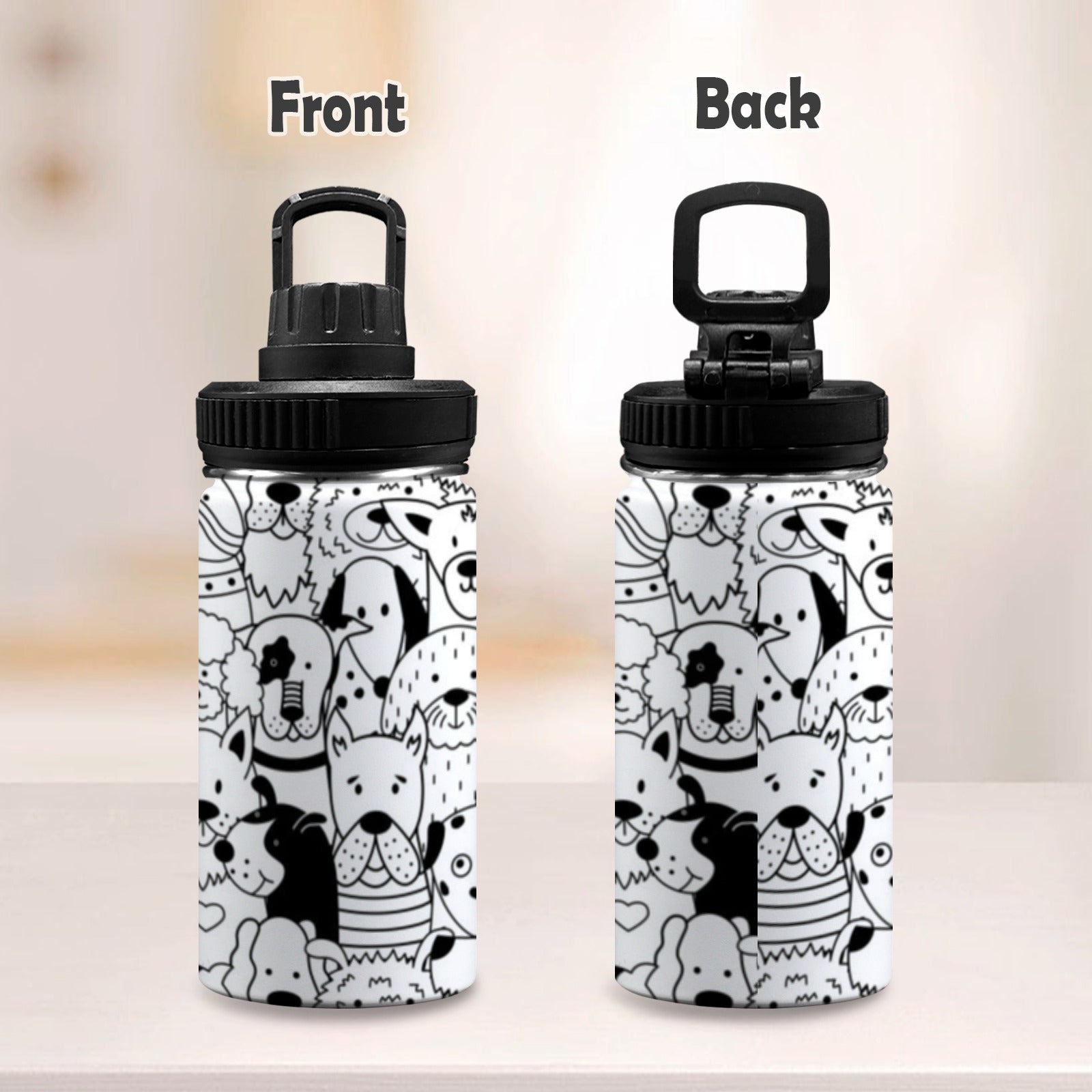 Black And White Dogs - Kids Water Bottle with Chug Lid (12 oz) Kids Water Bottle with Chug Lid animal Printed Offshore