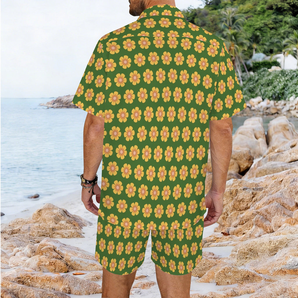 Yellow Flowers On Green Men's Hawaiian Shirt & Shorts Set