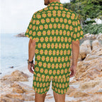 Yellow Flowers On Green Men's Hawaiian Shirt & Shorts Set