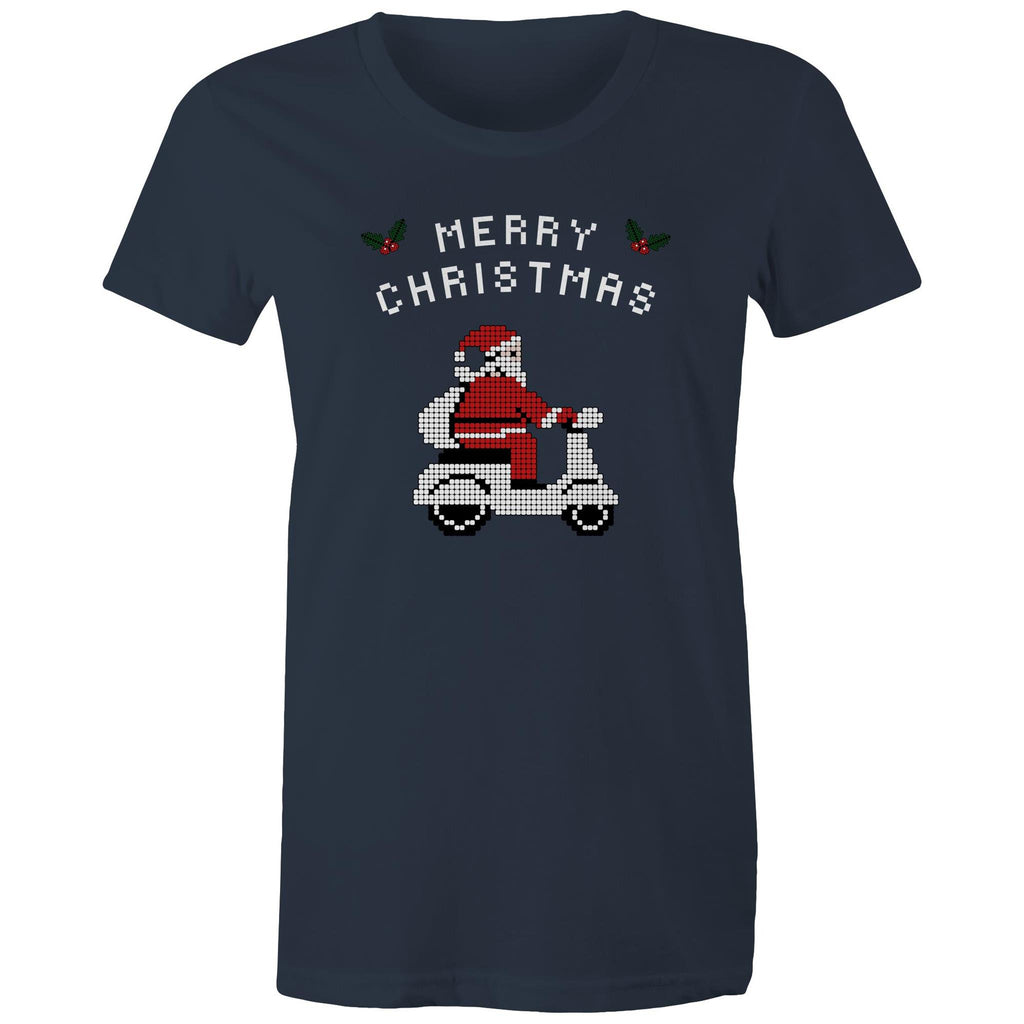 Scooter Santa - Womens T-shirt Navy Womens Christmas T-shirt Christmas Printed In Australia