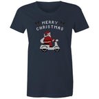 Scooter Santa - Womens T-shirt Navy Womens Christmas T-shirt Christmas Printed In Australia