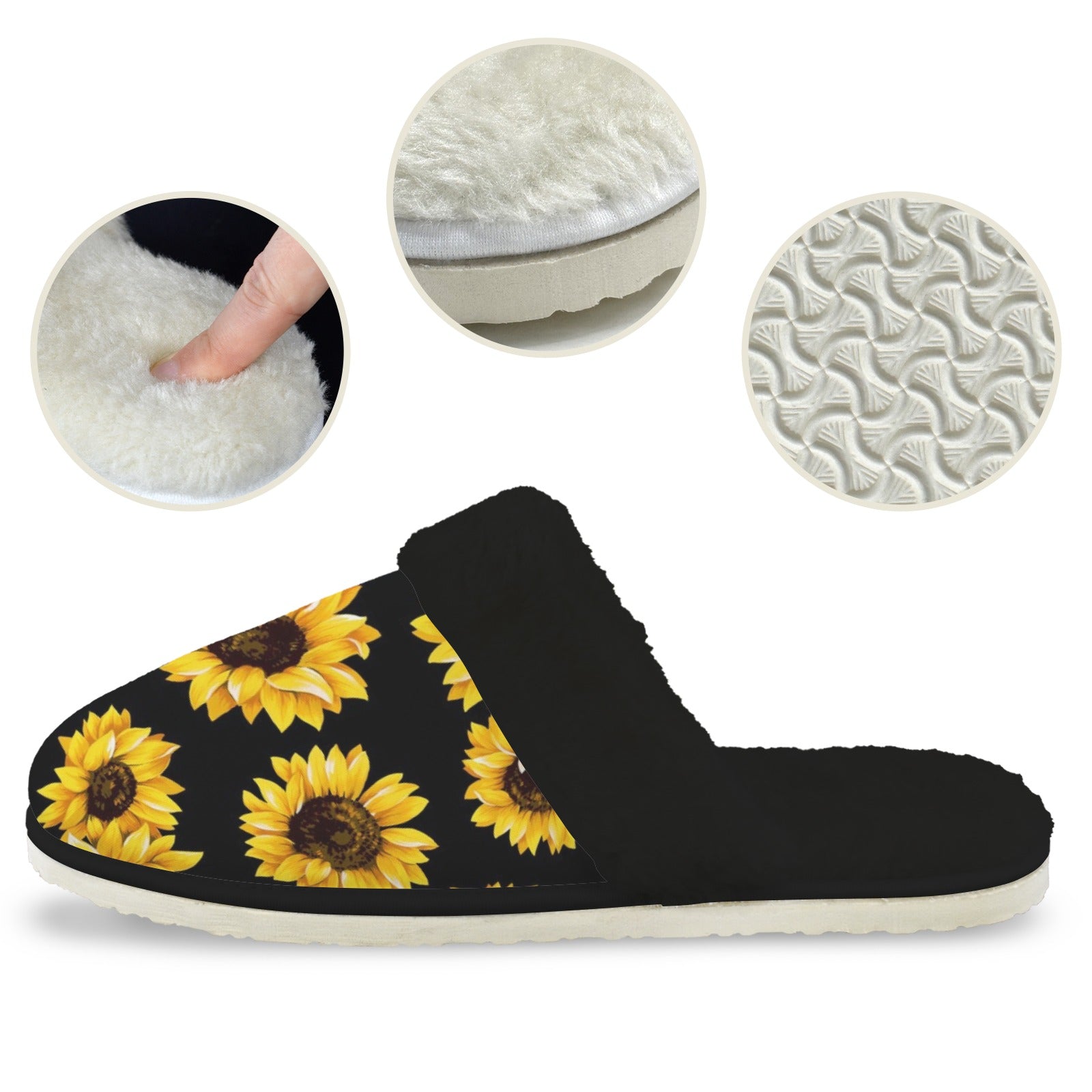 Sunflowers On Black Women's Fur Trim Thick-Sole Indoor Slippers Women's Fur Trimmed Slippers Plants Printed Offshore