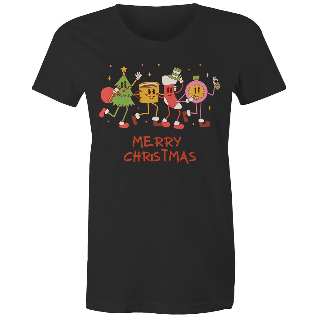 Crazy Christmas Characters - Womens T-shirt Black Womens Christmas T-shirt Christmas Printed In Australia