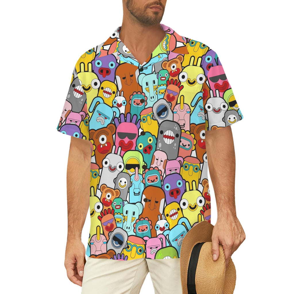 Happy Monsters Men's Short Sleeve Hawaiian Shirt Men's Hawaiian Shirt (New) Printed Offshore Sci Fi