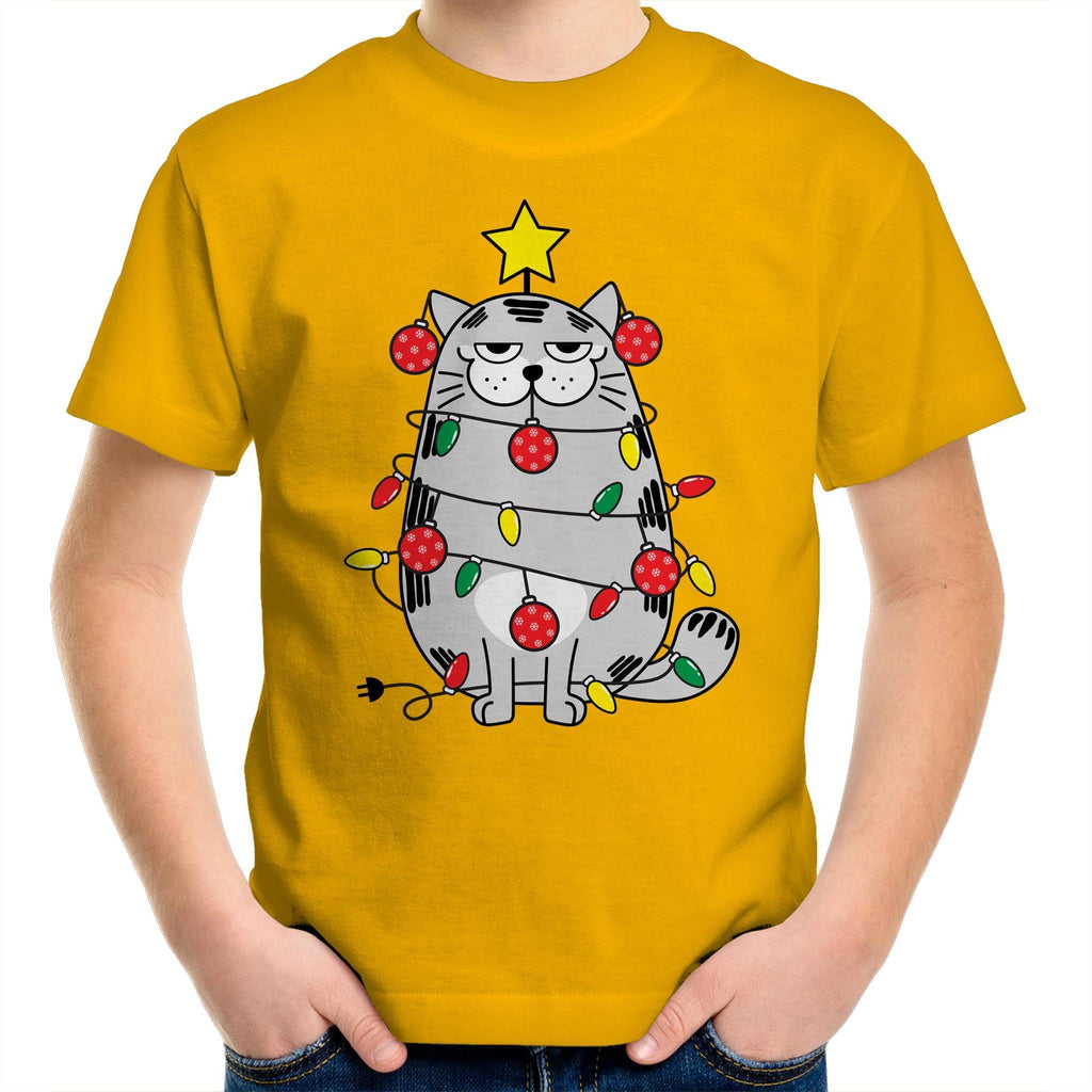 Christmas Cat - Kids Youth T-Shirt Gold Kids Christmas T-shirt Christmas Printed In Australia